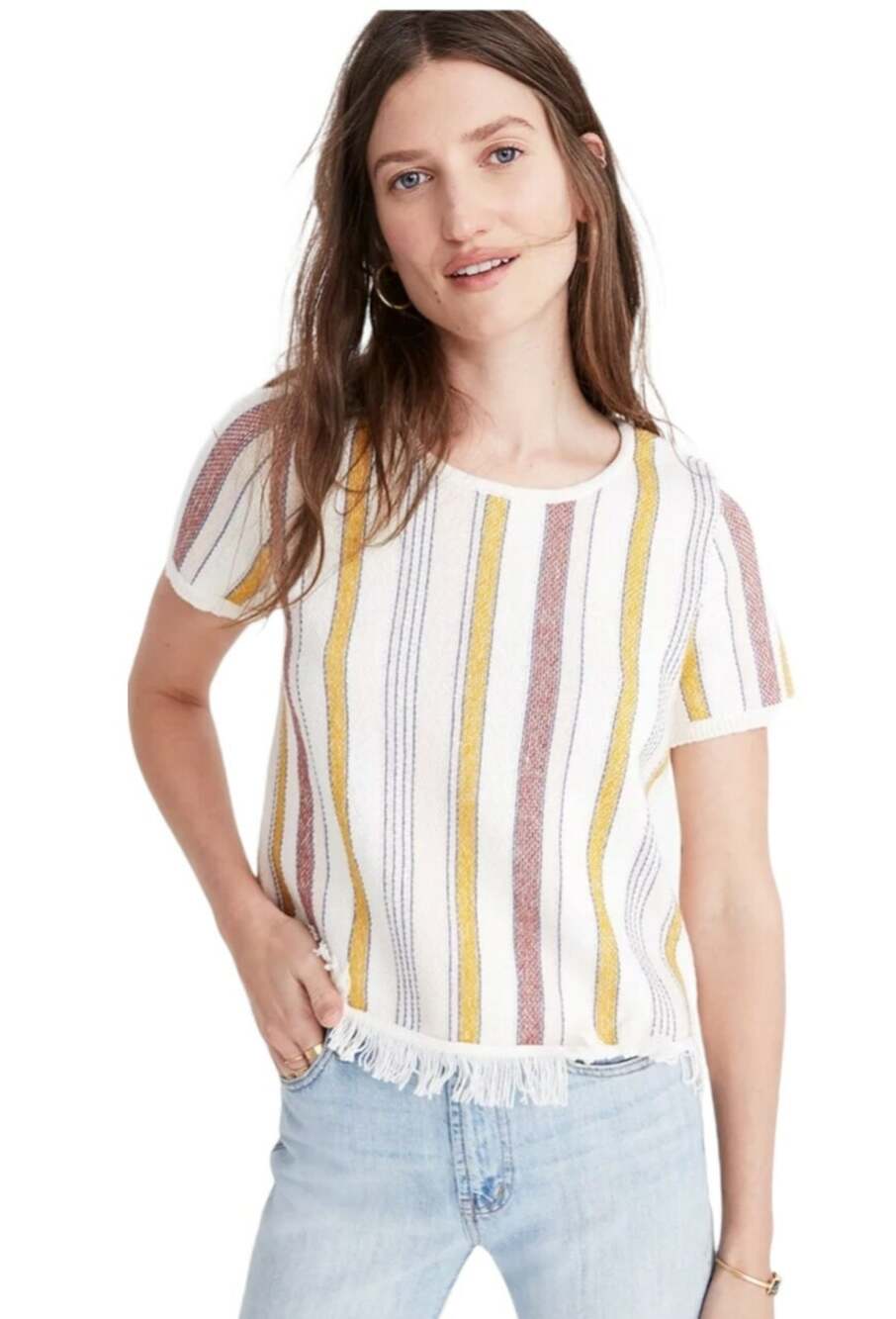 Madewell Blakley Knit Sweater Top Size Large Striped Short Sleeve Fringe Boho.